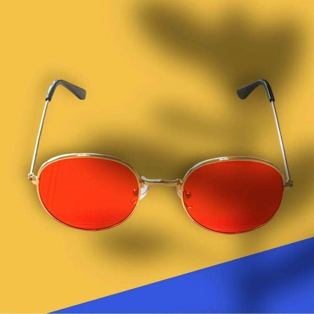 Orange Lens Sunglasses, fashion sunnies, gold tone metallic frame, EUC
